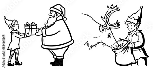 Set of Christmas characters showing elf giving gift to Santa Claus and feeding reindeer vector illustration