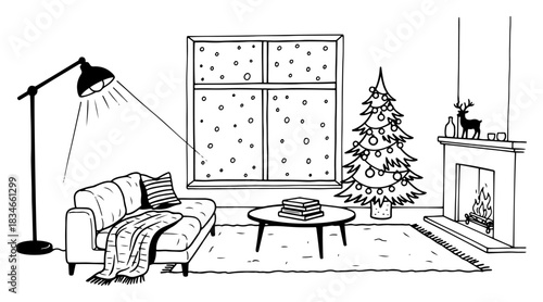 Cozy Christmas living room interior with fireplace sofa decorated tree and snowy window vector line drawing