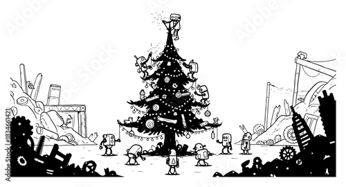 Small robots decorating Christmas tree in junkyard vector illustration sci-fi holiday scene with scrap metal and waste sketch style