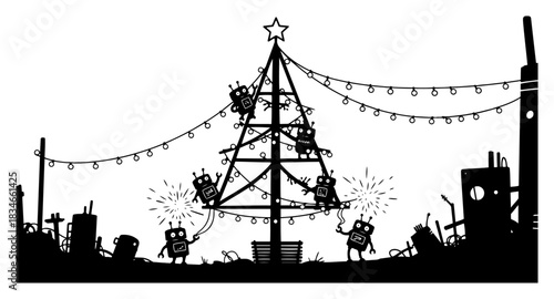 Silhouette of robots decorating artificial Christmas tree with lights vector illustration industrial holiday scene with machines and star