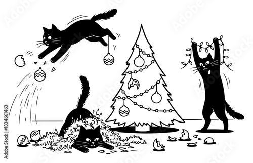 Funny naughty black cats destroying Christmas tree and breaking ornaments silhouette vector illustration