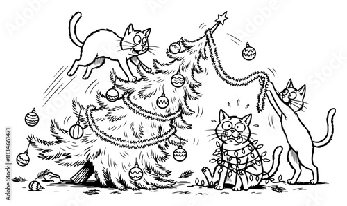 Funny cats climbing and knocking over Christmas tree causing chaos outline vector illustration