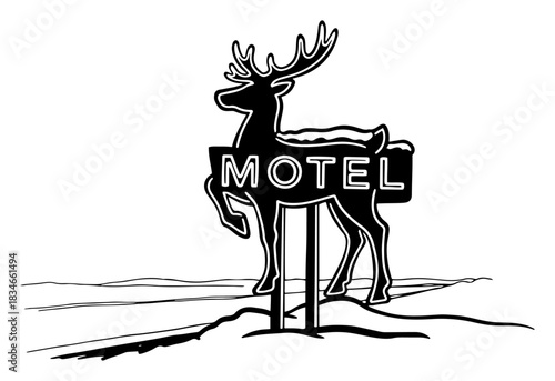 Vintage roadside motel sign shaped like reindeer in snowy winter landscape vector illustration