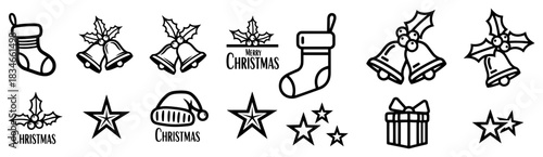 Set of Christmas icons including bells stockings stars and gifts black outline vector illustration