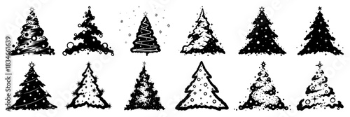 Collection of decorative stylized Christmas tree silhouettes and icons black shapes vector illustration