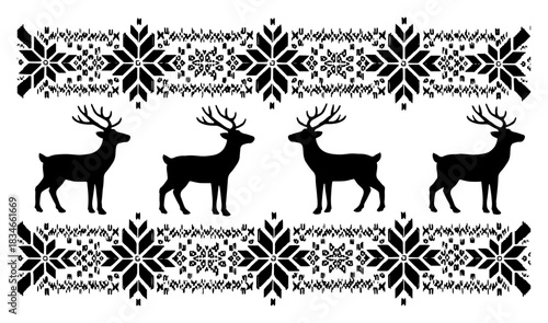 Scandinavian knitted pattern border with reindeer silhouettes and nordic snowflake ornament vector illustration in sweater style