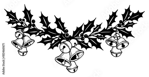 Decorative Christmas garland with holly leaves berries and hanging jingle bells vintage style vector illustration