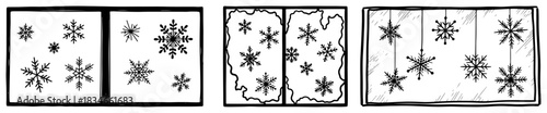 Set of sketch window frames with falling snow and hanging snowflake decorations vector illustration isolated on white