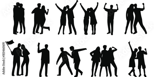 Excited People silhouettes set isolated flat vector illustration on white background.Vector art of silhouettes of people in various poses, isolated on white background
