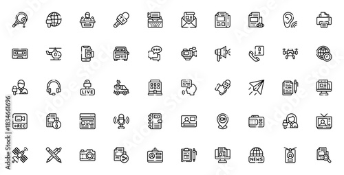 News and Journal icon set. Vector illustration. Incldes symbols for news, jouralist, microphone, camera,interview, report, broadcating, media and more.