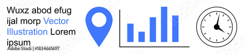 Time tracking, data analysis, project scheduling, business planning, productivity, and timeline management. Blue location pin, bar chart and clock icon. Data analysis and time tracking concept