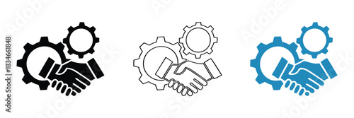 Strategic partnership handshake with gear wheels for business solutions,organization. Workforce, employee. Collaboration for success results. Vector illustration
