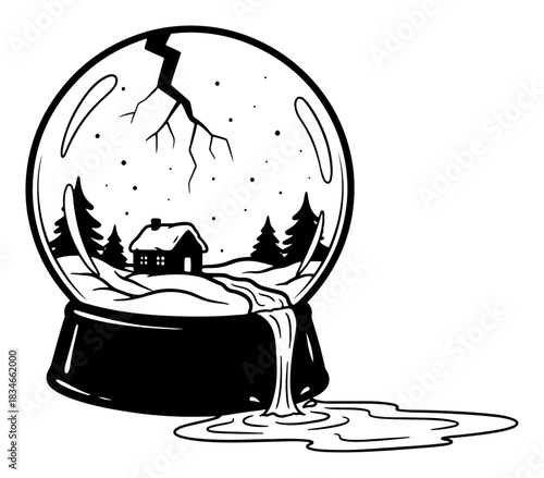 Broken snow globe with cracked glass and leaking water vector illustration black and white damaged christmas souvenir
