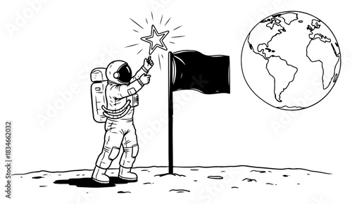 Astronaut on moon placing shining star on flag pole vector illustration Christmas in space concept with Earth view