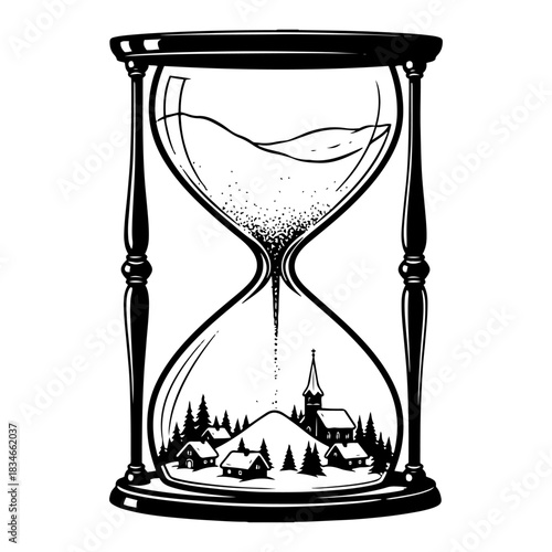 Hourglass with sand turning into snowy winter village landscape vector illustration Christmas countdown concept