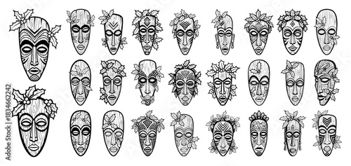 Set of traditional african tribal masks with christmas holly decoration vector illustration black and white ethnic holiday faces