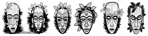 Set of wooden tribal tiki masks decorated with Christmas holly and berries vector illustration exotic holiday border
