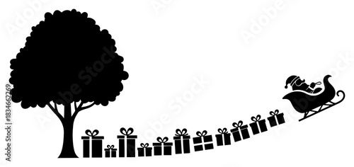 Santa Claus sleigh flying with gifts trail near big tree vector illustration silhouette Christmas landscape background