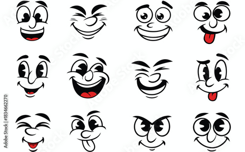 Happy faces expressions. Funny mouthed and eyes emotions, face sketch cartoon caricatures joy design elements kit. collection of cartoon faces with different expressions isolated on white background
