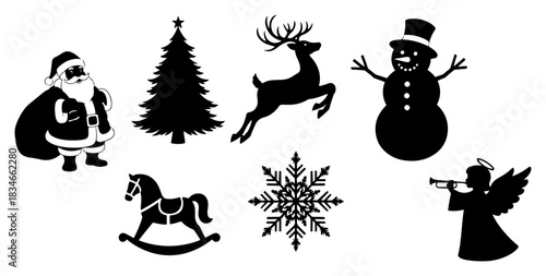 Set of classic Christmas silhouettes including Santa tree reindeer and snowman vector illustration black holiday icons collection