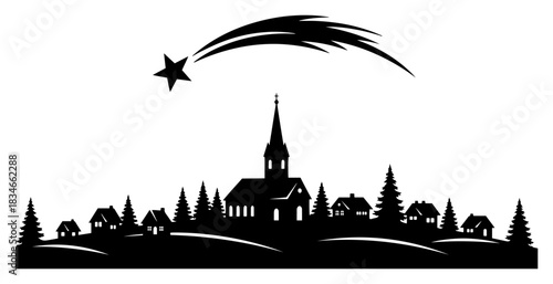 Silhouette of Christmas village with church and shooting star over winter landscape vector illustration