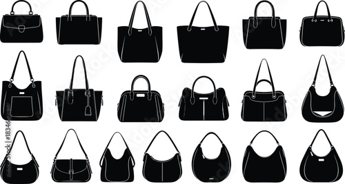 Extensive Set of Women's Handbags, Purses, and Fashion Accessories in Black Silhouette, Vector Collection for Retail, E-commerce, Design, Shopping, and Luxury Product Graphics, Variety of Styles.
