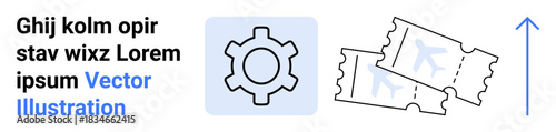 Gear mechanism alongside event tickets and upward arrow suggesting movement, settings, or system workflow. Ideal for management, progress tracking, navigation, scheduling, events, ticketing simple