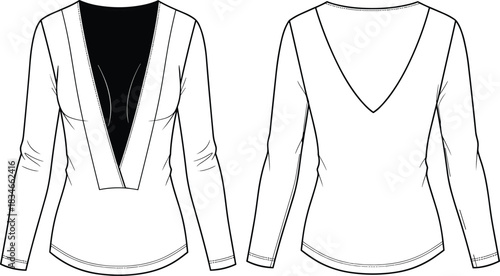 Women's Deep V-Neck Long Sleeve Blouse Fashion Flat Technical Sketch Template, Front and Back Views, Apparel Design Vector Illustration for CAD Drawing and Garment Specifications.
