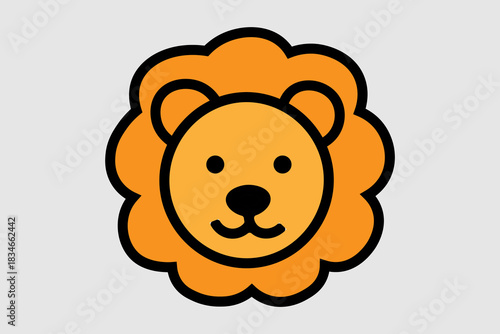 This image is a simple, graphic illustration of a lion's head. The main face is orange, surrounded by a larger, scalloped circle of orange mane.