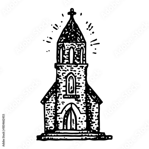 Vintage hand drawn stone church chapel building for Christmas design woodcut style vector illustration
