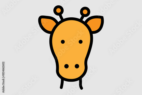The long head is colored orange, and it features two ears and two short, antenna-like ossicones (horns) topped with orange circles.