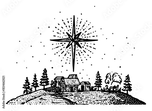Christmas night landscape with shining Bethlehem star over house and pine trees vector illustration in vintage engraving style