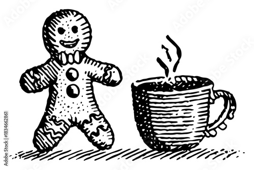 Vintage gingerbread man cookie and hot chocolate mug vector illustration woodcut style Christmas sweet treat sketch
