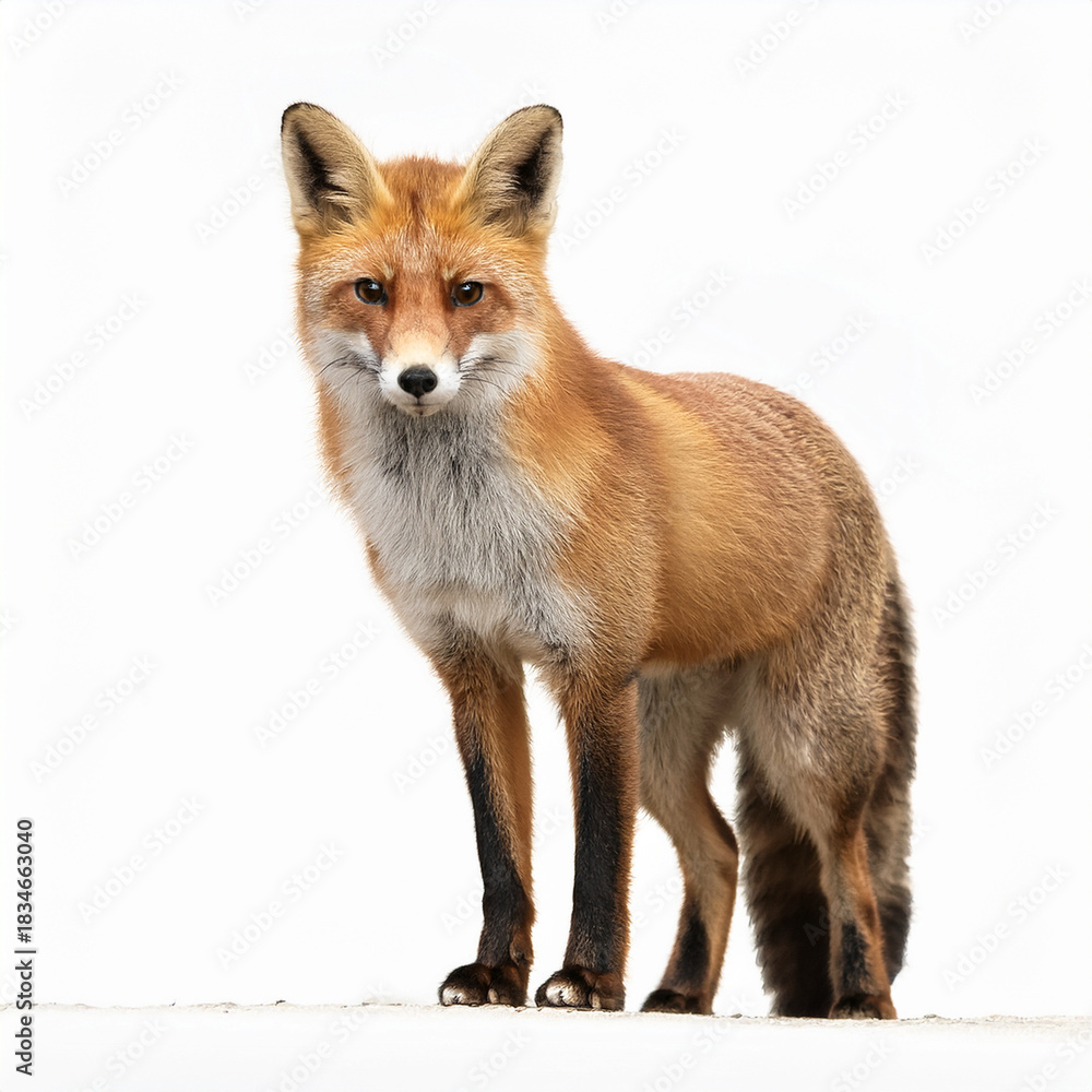 Fototapeta premium A red fox standing alert on a white background, natural lighting, full-body shot