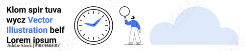 Person inspecting with magnifying glass near clock and large cloud. Ideal for time management, investigation, productivity, analysis, decision-making, planning, and simple landing page