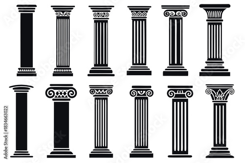 Classic Greek Columns Architectural Design Elements Set for Construction Projects and Decoration, silhouette,Clipart collection ancient columns in outline and silhouette formats
