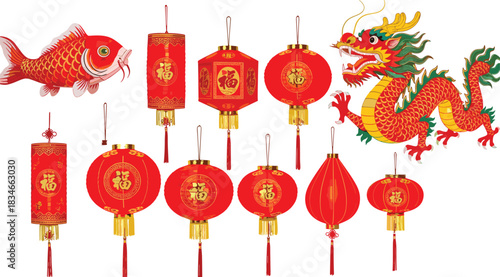 Chinese new year traditional decoration vector set, red dragon, golden koi fish, and hanging lanterns collection for lunar festival celebration.