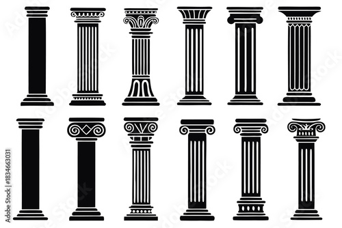 Classic Greek Columns Architectural Design Elements Set for Construction Projects and Decoration, silhouette,Clipart collection ancient columns in outline and silhouette formats
