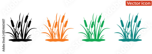 cattail icon set silhouette ,Vibrant cattails in various hues for nature-inspired designs,Grass Silhouette icon Set collection.
