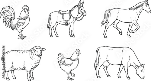 Black and white farm animal vector set featuring rooster, donkey, horse, sheep, hen, and cow for educational and design use