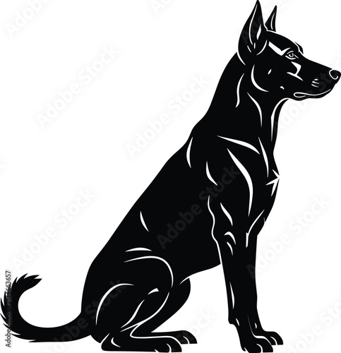 Black and white silhouette of sitting muscular dog with pointed ears, ideal for logo, signage, tattoo, and vector design use.