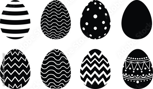 Black Easter eggs with white decorative patterns, minimalist spring holiday design, modern monochrome vector set for seasonal festive illustration themes.