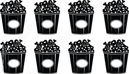 Black Popcorn Buckets Filled with Bones for Halloween, Horror Party, Gothic Decor, Creepy Snack Concept, Spooky Vector Illustration Design
