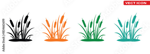 cattail icon set silhouette ,Vibrant cattails in various hues for nature-inspired designs,Grass Silhouette icon Set collection.
