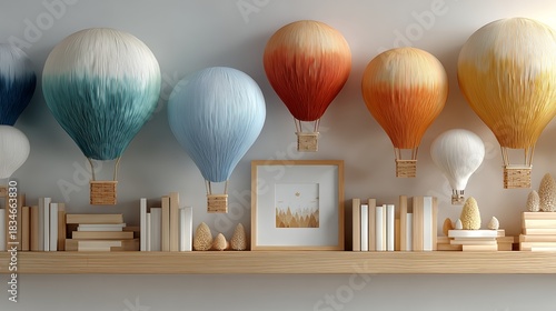 Fototapeta Naklejka Na Ścianę i Meble -  3D rendered children's room scene, light wood A4 frame on wooden shelf with hot air balloon ornaments, natural lighting and soft shadows