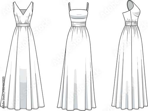 Fashion sketch of three elegant long dresses with varied necklines and straps for garment design, sewing pattern, and apparel illustration.