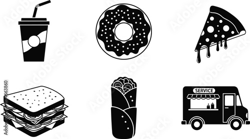 Fast Food Icons Set Featuring Pizza, Donut, Sandwich, Burrito, Beverage Cup, and Food Truck in Black and White Vector Style