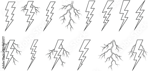 Lightning bolt icons, electric energy symbols, thunder strike vector, power surge design, stylized electricity flash, graphic storm bolt silhouette