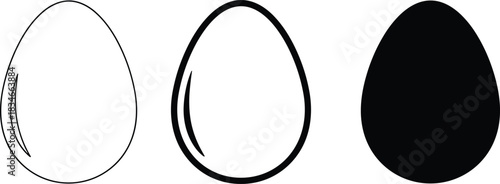 Minimalist egg shape evolution vector set with outline, bold stroke, and solid fill for icon design and graphic illustration.