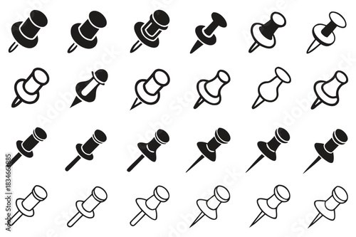 Collection of Black and White Push Pin Icons Perfect for Office Supplies Stationary Design Projects
